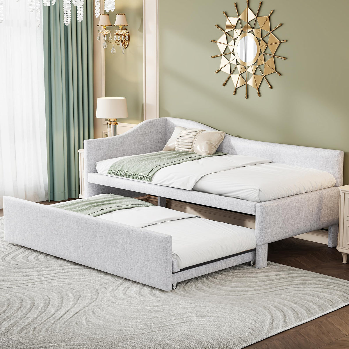 Beige Linen Upholstered Twin Size L-Shaped Daybed with Pop Up Trundle T154169