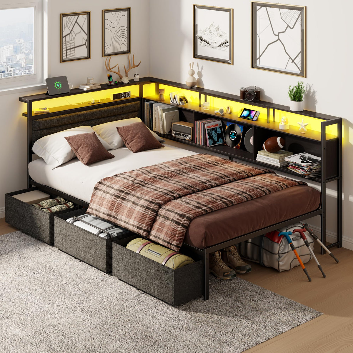 Twin Corner Bed Frame with Upholstered Headboard, 3 Storage Drawers P1929